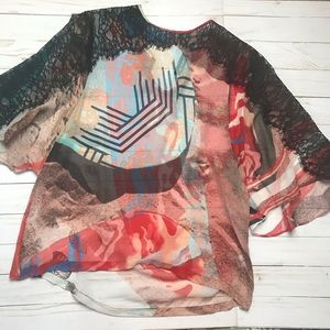 Yigal Azrouel silk & lace abstract art top blouse